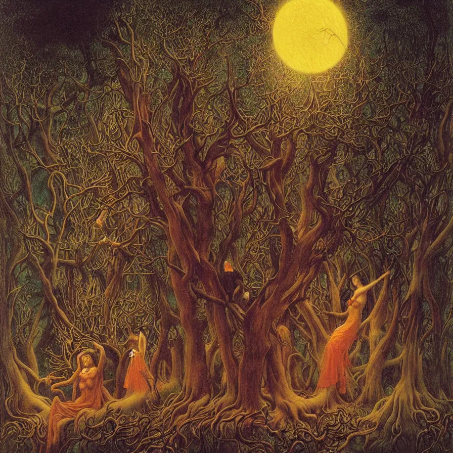 Image similar to a night carnival around a magical tree cavity, with a surreal orange moonlight and fireworks in the background, next to a big lake with iridiscent water, christmas lights, folklore animals and people disguised as fantastic creatures in a magical forest by summer night, masterpiece painted by jean delville, gustave dore and marco mazzoni, art nouveau, dark night environment