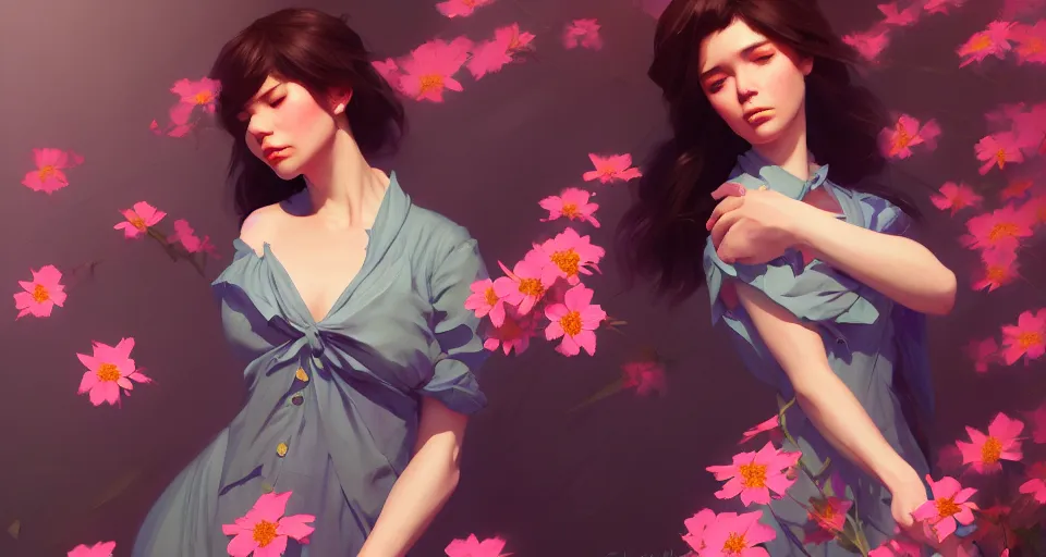 Image similar to a full - body female, with flowers inplace of clothes, night setting. realistic shaded lighting poster by ilya kuvshinov katsuhiro, magali villeneuve, artgerm, jeremy lipkin and michael garmash, rob rey and kentaro miura style, trending on art station pinhole photography