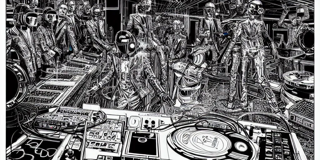 Image similar to intricate detailed artwork of 2 Daft Punk robot rock using dj controller at an underground warehouse rave in Ibiza, playing techno house music, thousands of beautiful girls in bikini dancing, in the style of Moebius, wires, speakers, black and white ink, some ink drips