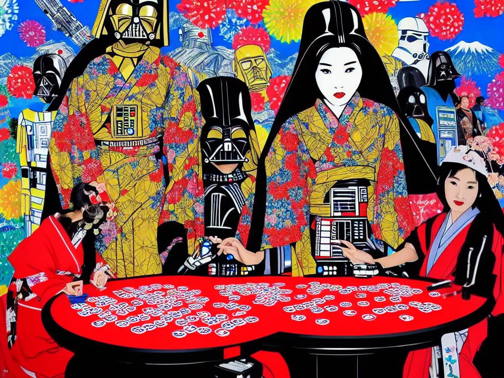 Image similar to hyperrealistic composition of the detailed woman in a japanese kimono with the ( ( c 3 p 0 ) ) robot head sitting at a extremely detailed poker table with darth vader, fireworks, mountain fuji on the background, pop - art style, jacky tsai style, andy warhol style, acrylic on canvas