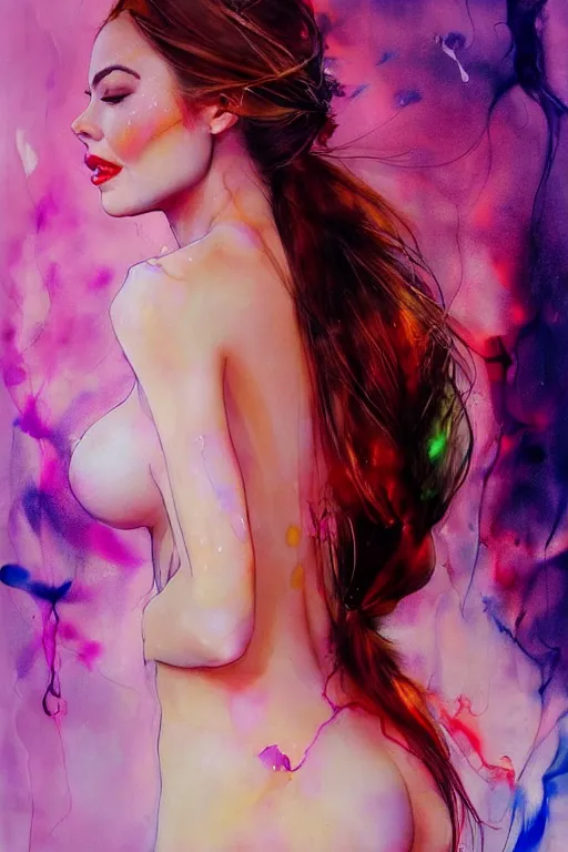 Prompt: sexy seductive little smile sophia vergara by agnes cecile enki bilal moebius, intricated details, 3 / 4 back view, hair styled in a bun, bend over posture, full body portrait, extremely luminous bright design, pastel colours, drips, autumn lights