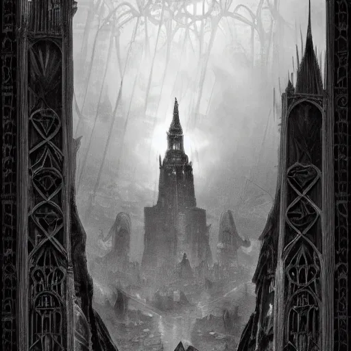 Image similar to an ultra detailed black and white tarot card of a lonely and impossibly tall ominous gothic dark tower elevated high above the city, in a river elevated high above the city, fantasy capital city, ultrawide lense, aerial photography, volumetric lighting, exquisite detail, 8 k, art by greg rutkowski and alphonse mucha