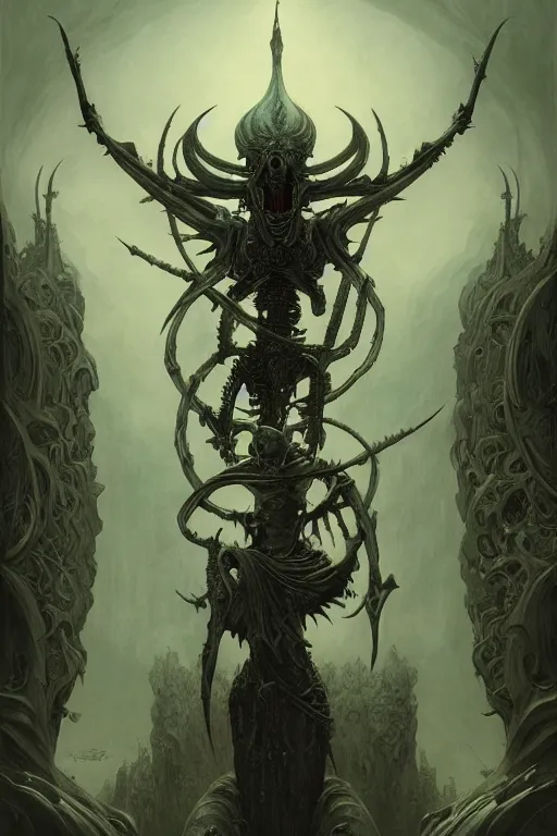 Prompt: evil gigantic demon skeleton lord of death, fantasy painting, ultra realistic, wide angle, art nouveau, intricate details, rainbowshift, vivid colors, highly detailed by peter mohrbacher, h. r. giger, maxfield parrish, gaston bussiere, gustave dore, craig mullins, octane render, cgi
