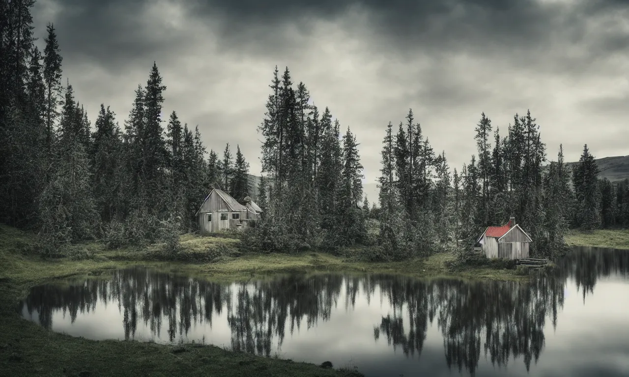 Prompt: a gorgeous moody dreamy landscape photograph of a cottage by the lake in icelandic country side, cinematic theme, photorealism, realistic reflections, blue ambiance, soft natural lighting, pine trees, artstation, photography, award - winning photography