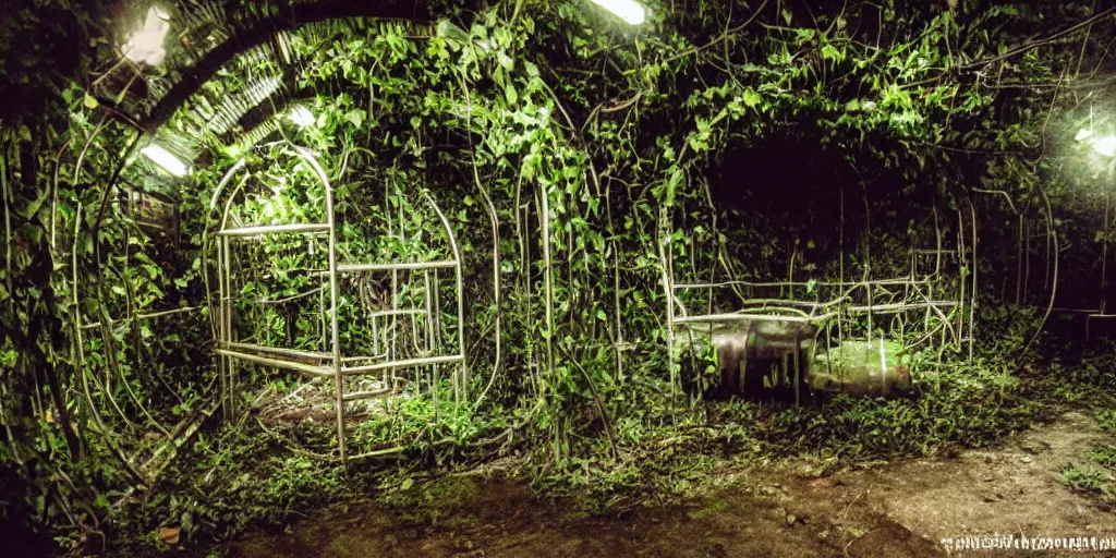 Image similar to liminal space, urban exploration, abandoned underwater mcdonalds playplace, tube waterslides, retro arcade machines, overgrown with vines, photo taken on fujifilm superia