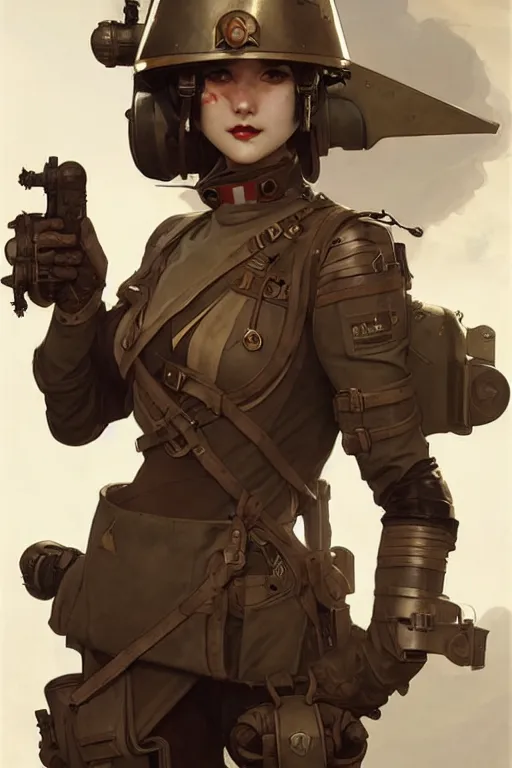 Image similar to dieselpunk soldier girl, helmet, shoulders, chest, portrait, armored, illustrations by wlop and alfons maria mucha and craig mullins and loish and rossdraws and artgerm