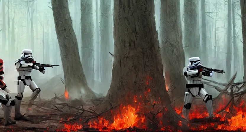 Image similar to imperial stormtroopers shooting red blaster bolts in barren lifeless forest with burned trees concept art by Doug Chiang cinematic, realistic painting, high definition,very detailed, extremely high detail, photo realistic, concept art, unreal engine 5, the Mandalorian concept art style