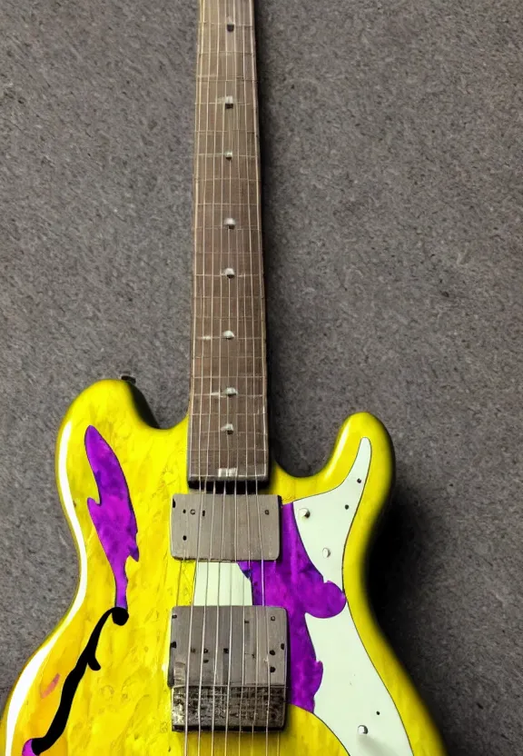 Image similar to electric guitar with a yellow and purple swirl paint finish