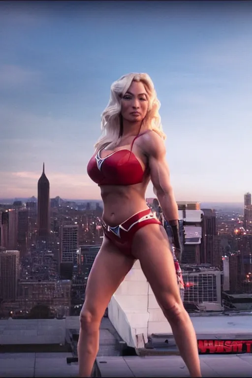 Image similar to VFX movie still frame portrait beautiful DC vs. Marvel hero Lindsey pelas natural skin, hero pose, natural evening light in the city by Emmanuel Lubezki