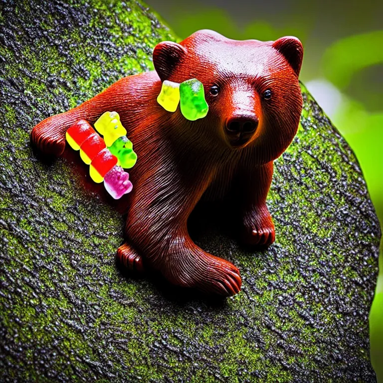 Prompt: close up national geographic photo of wild candy gummy bear wildlife photograph