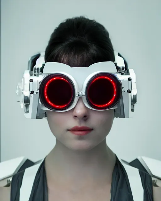 Image similar to centered portrait photo by bouguereau of female dancer as a cyberpunk mecha humanoid robotic parts wearing goggles with led lights, inside white room, ultra - realistic and detailed, 8 k