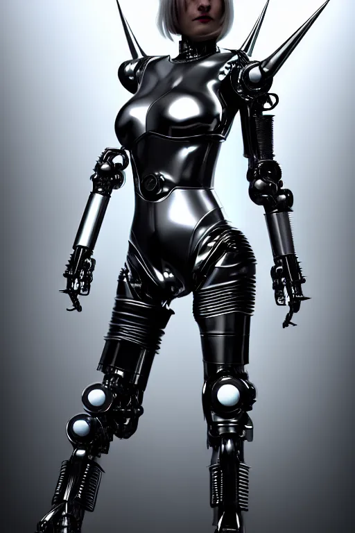 Image similar to female chrome futuristic cyborg with curved metal horns, chrome motorcycle parts, full body, machine background, 3d render, octane, 8k, volumetric lighting, hyper-realistic, dark fantasy, diffuse lighting, intricate, highly detailed, lifelike, photorealistic, digital painting, trending on artstation, smooth, sharp focus, art by John Collier and Albert Aublet and Krenz Cushart and Artem Demura and Alphonse Mucha