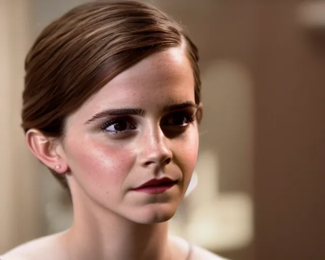 Prompt: a wide angle movie still showing emma watson with face looks like a lightbulb, close - up face, shot on celluloid with panavision cameras, panavision lenses, 3 5 mm film negative width, anamorphic projection format, critically acclaimed, oscar winning practical effects
