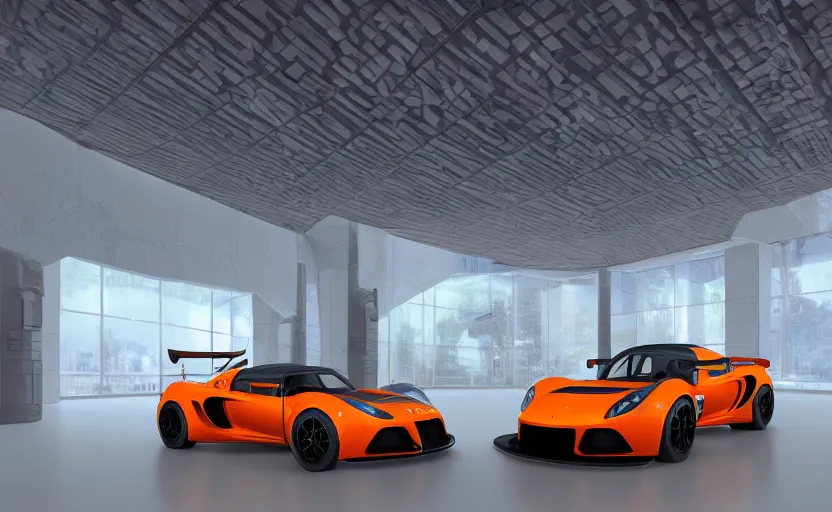 Image similar to futuristic lotus exige ( ( orange ) ) parked within interior view of futuristic auto showroom ( ( frank lloyd wright ) ) luminescent concept art, unreal engine 5, artstation highly detailed, digital art, 8 k hdr, soft lighting, hyperrealistic, godrays