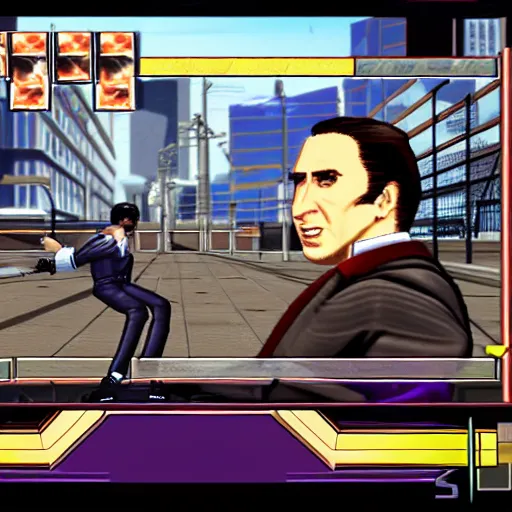 Prompt: game screenshot of nicholas cage in genshin impact, videogame, screenshot