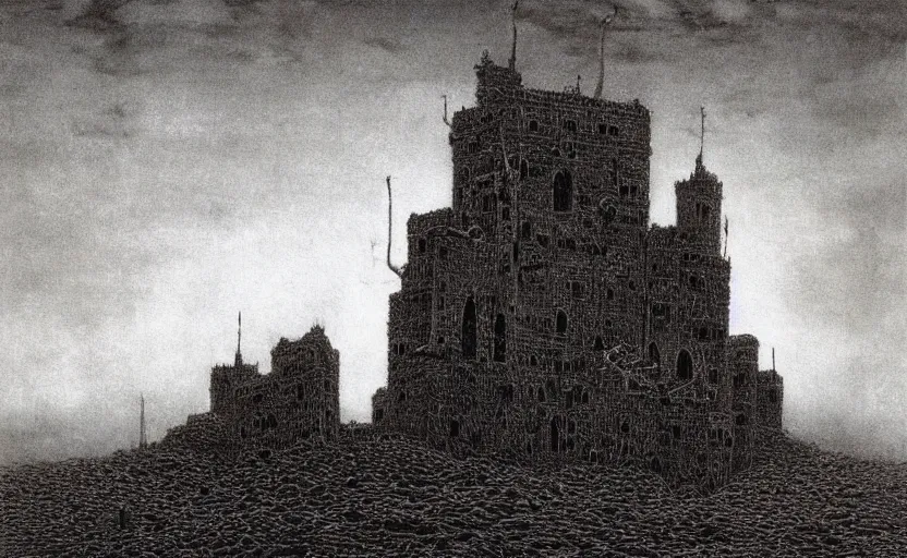 Prompt: menacing castle in hell dominates the landscape by beksinski