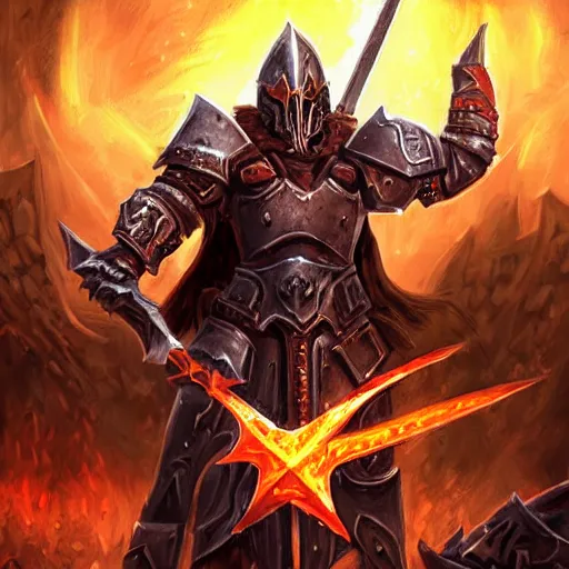 Image similar to Ares with heavy armor and sword, heavy knight helmet, dark sword in Ares's hand, war theme, bloodbath battlefield, fiery battle coloring, hearthstone art style, epic fantasy style art, fantasy epic digital art, epic fantasy card game art