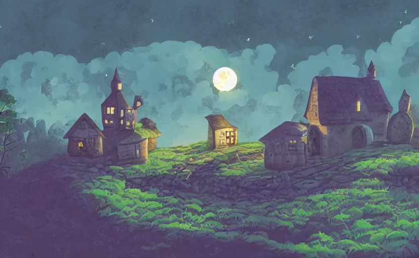Image similar to a witch's shop on a lonely hill against a giant moon, storybook, gouache, flat, concept art, lush
