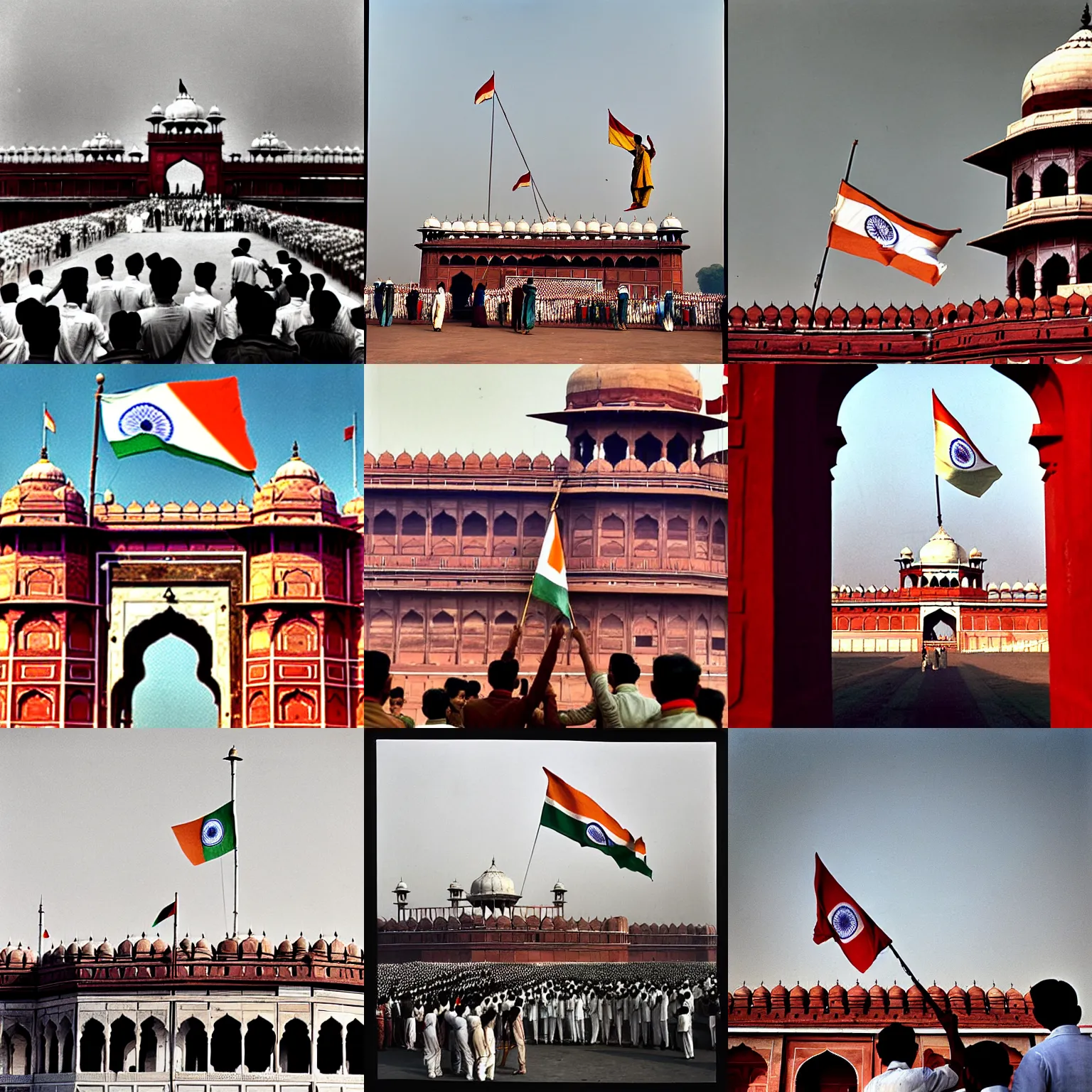 Prompt: indian freedom fighters hoisting the indian flag on top of red fort, 1 9 4 7. photograph by joe rosenthal, trending on vsco, featured on flickr, shot on large format film camera, cinematic composition, brilliant lighting