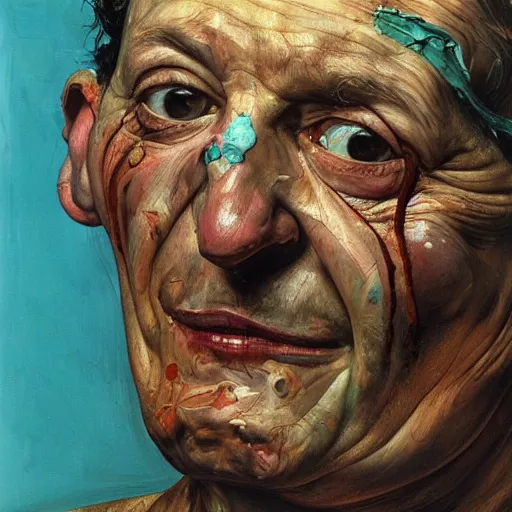 Image similar to high quality high detail painting by lucian freud and jenny saville, hd, crazy man with an axe, turquoise