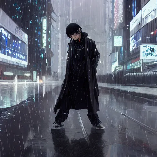 Prompt: killua zoldyck black hair, rain, white hair, techwear, streetwear, cyberpunk style outfit, greg rutkowski, artgerm, ross tran, takato yomamoto, wlop, ilya kuvshinov, intricate complexity, detailed portrait, 4 k, cinematic lighting, artstation, sharp focus, smooth, makoto shinkai