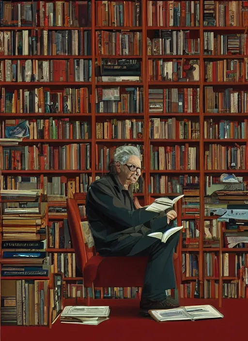 Prompt: Twin Peaks movie poster artwork by Michael Whelan and Tomer Hanuka, Rendering of Noam Chomsky reading in the library late at night, from a scene from Twin Peaks, clean, full of detail, Matte painting, trending on artstation and unreal engine