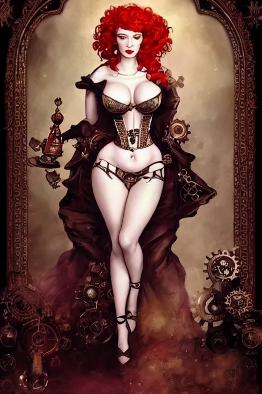 Prompt: three-quarters pose portrait of Christina Hendricks as a sensual Lady Mechanika, very beautiful young woman, ginger wavy hair, Victorian-era push-up underwire. Intricate, steampunk imagery themed, D&D!, fantasy style, sharp focus!, ultra detailed, art by Artgerm and Peter Andrew Jones, WLUP