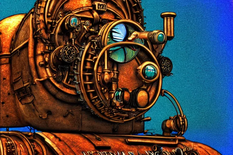 Image similar to steampunk submarine!, in the style of john avon and derek riggs and eva widermann, trending on artstation, halfrear lighting closeup view anaglyph filter, bokeh, anime, colored pencil art, jean henri gaston giraud