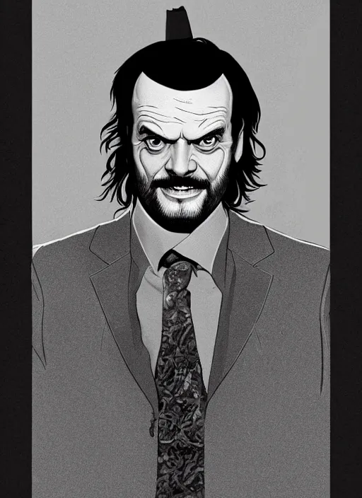 Image similar to young jack nicholson as jack torrance from the shining ( 1 9 8 0 ) portrait illustrated by rossdraws, vivid colors, soft lighting, digital artwork 4 k, best of artstation