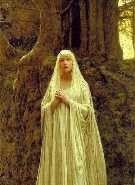 Image similar to galadriel of lothlorien, art by thomas cooper gotch and lawrence alma - tadema