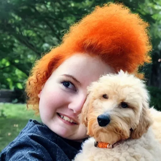 Prompt: a beautiful pale woman with orange hair holding both a curly headed baby boy and also a brown goldendoodle, abstract art