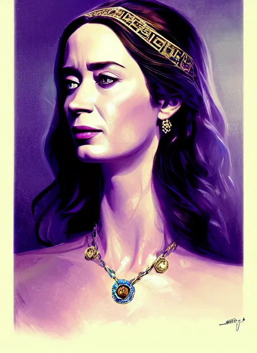 Image similar to portrait of emily blunt as queen, jewelry, greek, sapphire, victorian age, 1 8 9 0, intricate, headshot, key visual, conceptart, ambient lighting, highly detailed, digital painting, artstation, concept art, sharp focus, by makoto shinkai and akihiko yoshida and greg manchess