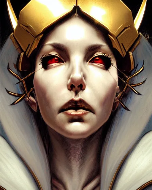 Prompt: mercy from overwatch, evil angel, halo, gold and white, character portrait, portrait, close up, concept art, intricate details, highly detailed, horror poster, horror, vintage horror art, realistic, terrifying, in the style of michael whelan, beksinski, and gustave dore