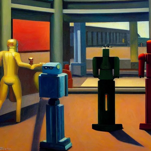 Image similar to robot overlords, grant wwood, pj crook, edward hopper, oil on canvas