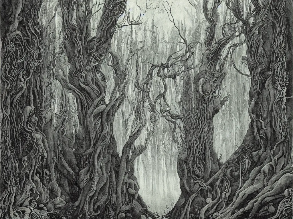 Image similar to ancient forest, artstation, by aubrey beardsley, by caspar david friedrich, by laurie lipton, by kay nielsen, by ivan shishkin, calligraphy, divine, spiritual, paradox, mysterious!, atmospheric, surreal, terrifying, witchcraft!, hope, mountains! background