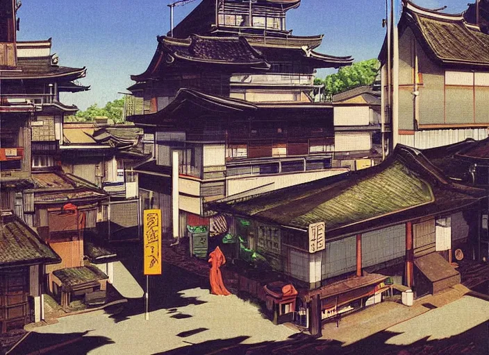 Image similar to vincent di fate's 1 9 8 0 depiction of a kyoto village near a japanese mansion. cyberpunk style.