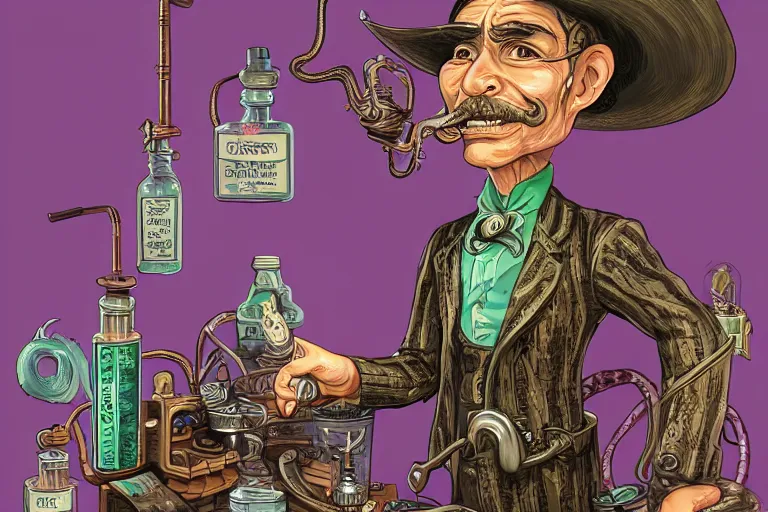 Image similar to Uncle Aloysius, snake oil salesman, wild west crypto pharmaceutical industrialist apothecary alchemist tinkerer engineer, cute, fantasy, intricate, elegant, highly detailed, digital painting, 4k, HDR, concept art, smooth, sharp focus, illustration, purple green color scheme, art by Ed Roth and H R Giger