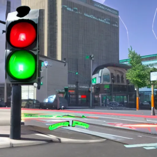 Prompt: a realistic photo of traffic light that uses portals from the video game portal 2 to control traffic at an intersection