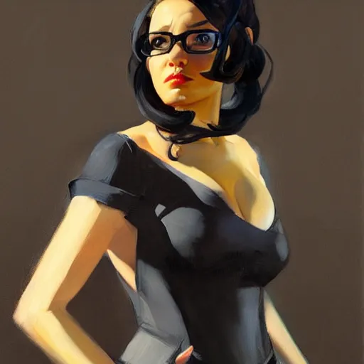 Image similar to greg manchess portrait painting of abigail shapiro in a black dress as overwatch character, medium shot, asymmetrical, profile picture, organic painting, sunny day, matte painting, bold shapes, hard edges, street art, trending on artstation, by huang guangjian and gil elvgren and sachin teng