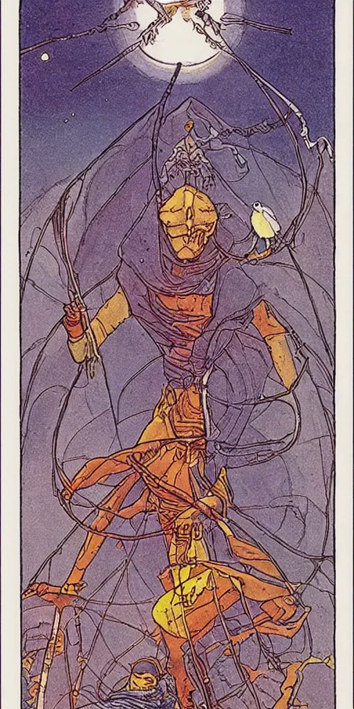 Image similar to the tarot card of the magician painted by moebius.