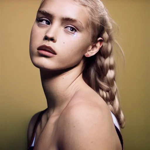 Image similar to realistic photoshoot for a new nike lookbook, color film photography, portrait of a beautiful blonde woman, highly detailed, in style of Hugo huerta, 35mm