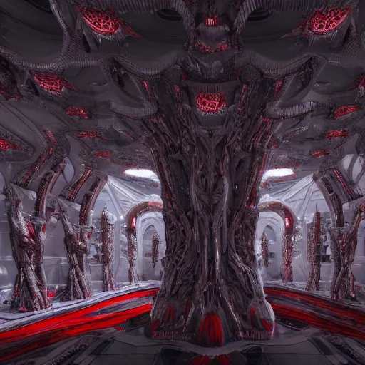 Prompt: alien biotech cathedral made of dark grey marble with light red veining and highly detailed ornaments extruding the complex surface, photorealistic, high quality lenses, cinematic lighting, volumetric lighigh quality environment, next gen rendering, nvidia