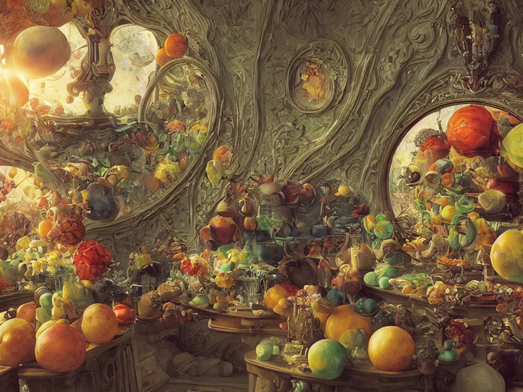 Image similar to 3 d render, sunlight study, the universe is a spheroid region 7 0 5 meters in diameter, art nouveau, by cornelis de heem and ( ( ( ( ( lisa frank ) ) ) ) ), 8 k, sharp focus, octane render