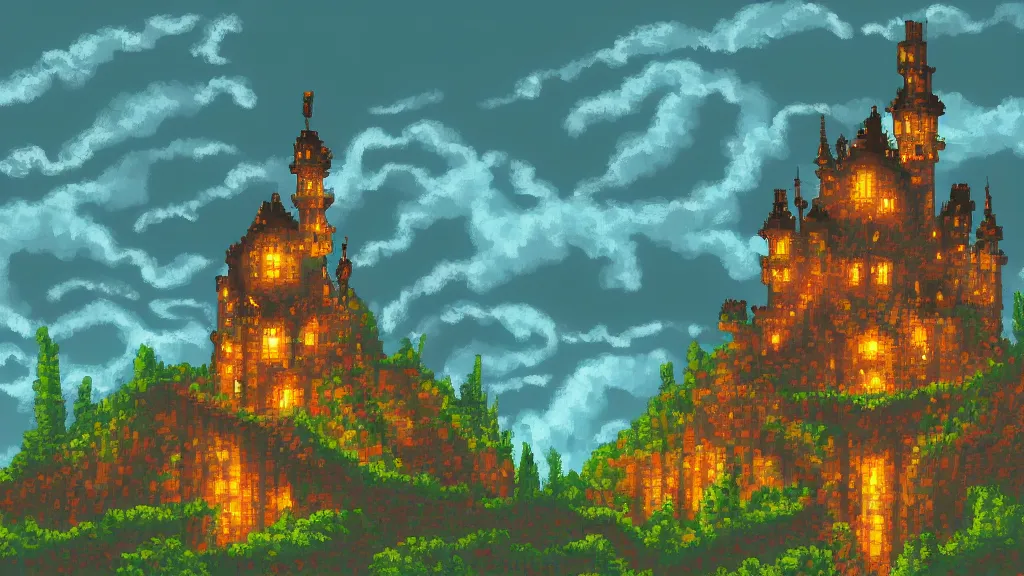 Image similar to ドット絵 and Pixel Art, Dark old fantasy castle on the hill, night cloudy sky, rain, lighting, thunder painting, Alchemy, Fantasy, 8 bit game, Pixel art background