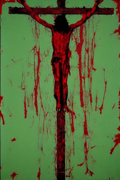 Image similar to green background with bloody christ crucified painted by cy twombly and andy warhol