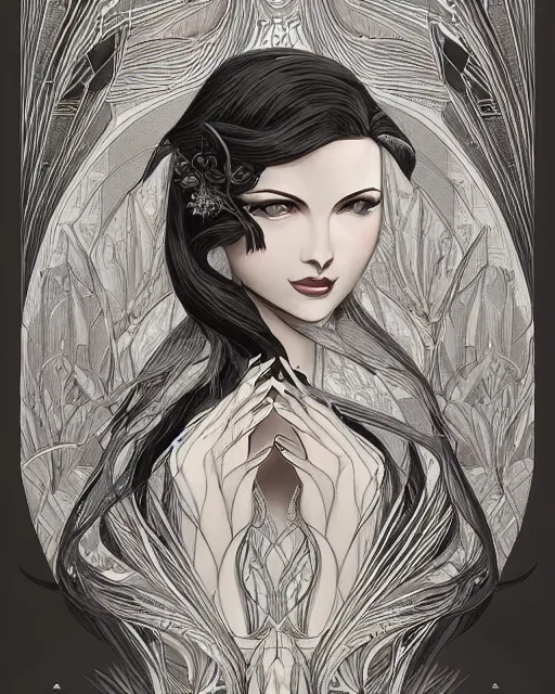 Image similar to portrait of a woman, art deco styl, e beautiful, mesmerizing, concept art, highly detailed, smooth, fantastical, cinematic, intricate linework, detailed and intricate environment, artstation, inspired by monstress, sana takeda