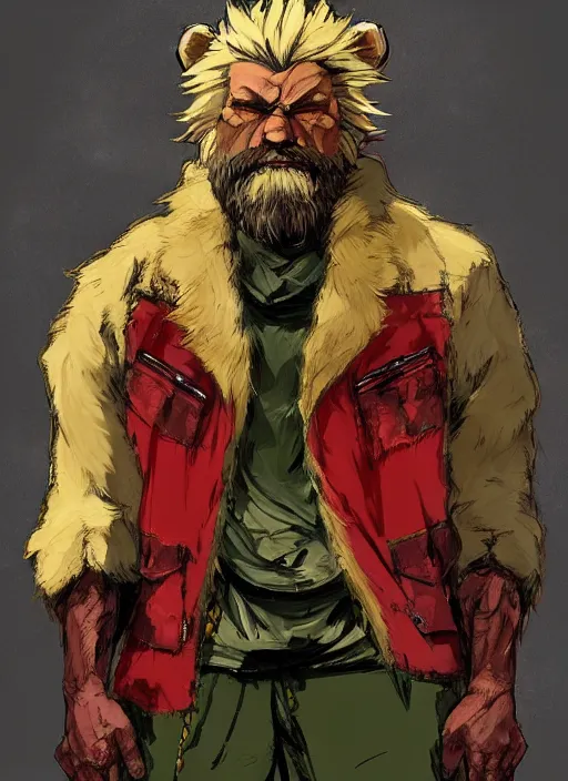 Image similar to Full body portrait of an old muscular man with blonde hair and beard wearing bear skin and red, green and gold jacket. In style of Yoji Shinkawa and Hyung-tae Kim, trending on ArtStation, dark fantasy, great composition, concept art, highly detailed.