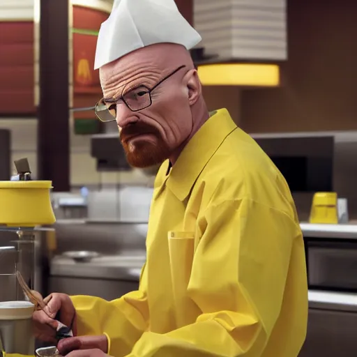 Prompt: walter white working at mcdonalds, photorealistic, highly detailed, sharp focus, 4 k, movie still