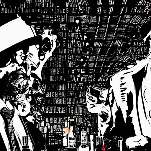 Prompt: noir bar scene, smoky, psychedelic, minimalist, frank miller style