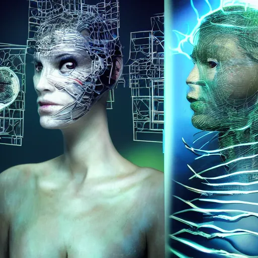 Image similar to full face close up portrait, sandman's visions of chaos in a thriving dystopia, by peter woodroffe, by igor morski, by laurie lipton, in a cyber - punk ally, cinematic lighting, volumetric lighting, neosurrealism, realistic shadows, particle effects, rendered in octane, noir, electric, cosmic, cybernetics